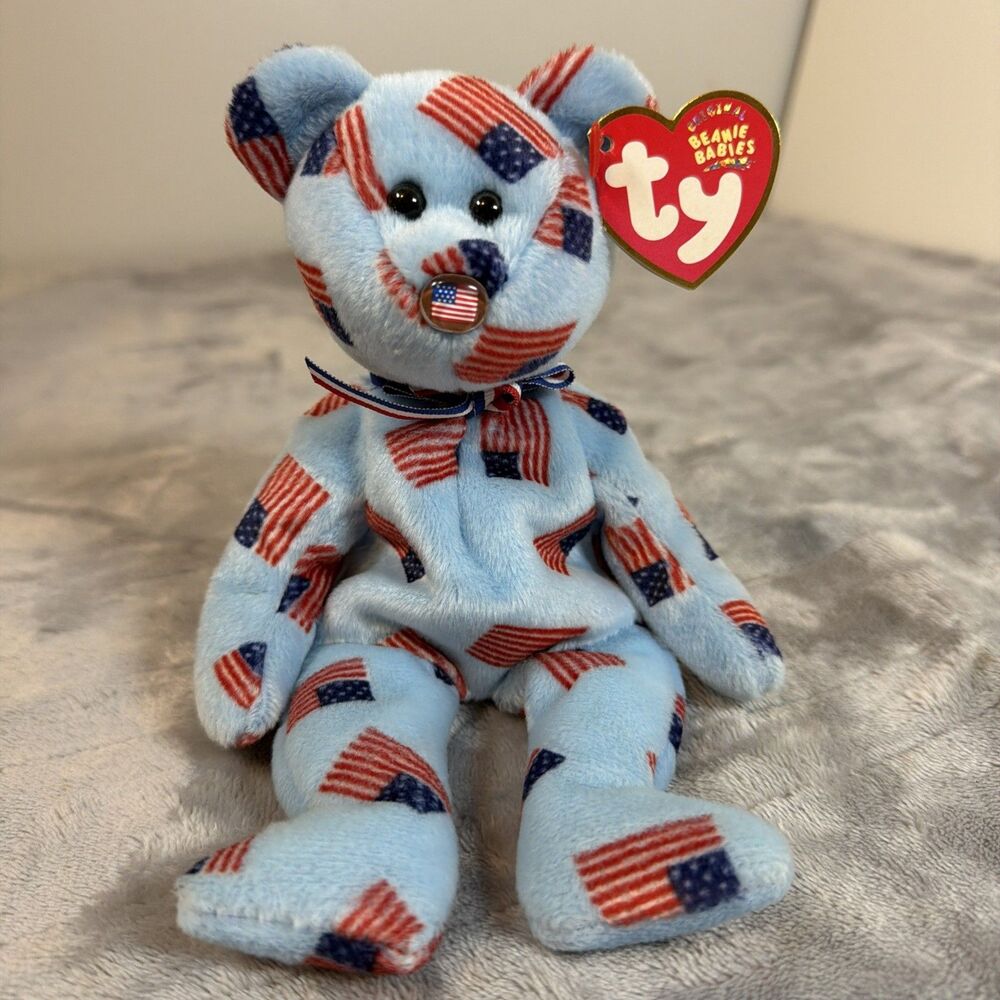 Ty Beanie Baby “Union” Stuffed 8.5” Patriotic Flag Bear Plush Tag Protector 2003